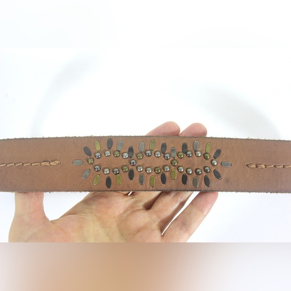 Vintage Wide Tan Leather Belt Metal Studs Embellishments Brass Buckle Topstitch - Picture 6 of 8